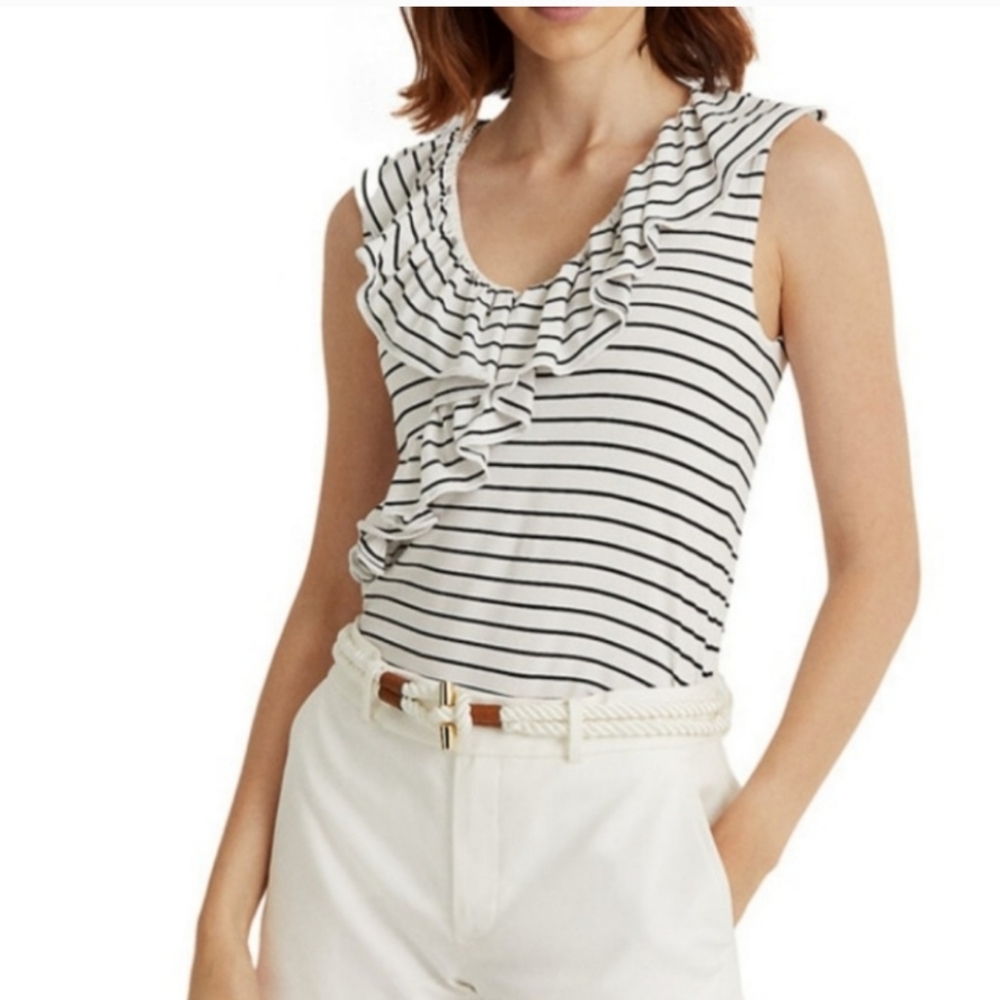 RALPH LAUREN* Black & White striped sleeveless ruffletop SIZE MP NWT